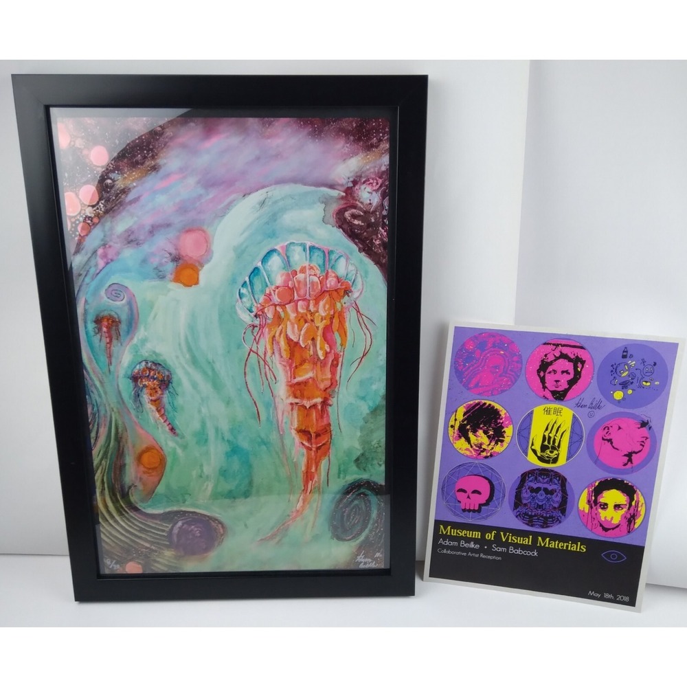 Rare Adam Beilke Painting Watercolor Jellyfish Sea Space Blacklight UV Wall Art